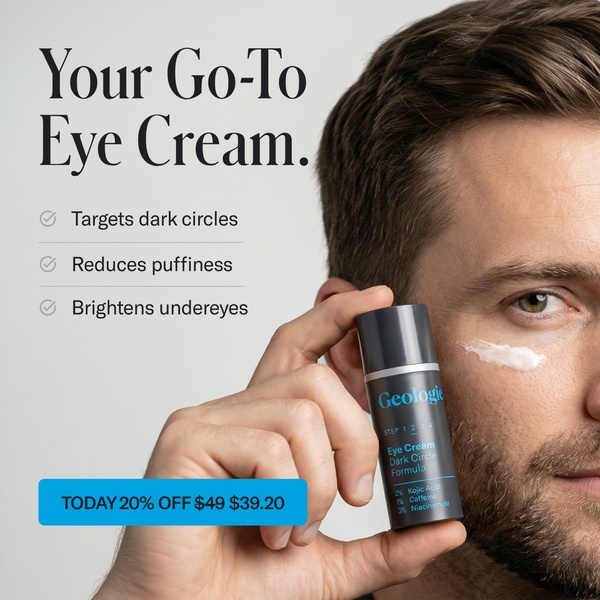 A clean, high-contrast creative highlighting the key benefits of an eye cream product with clear bullet points and a pricing incentive.