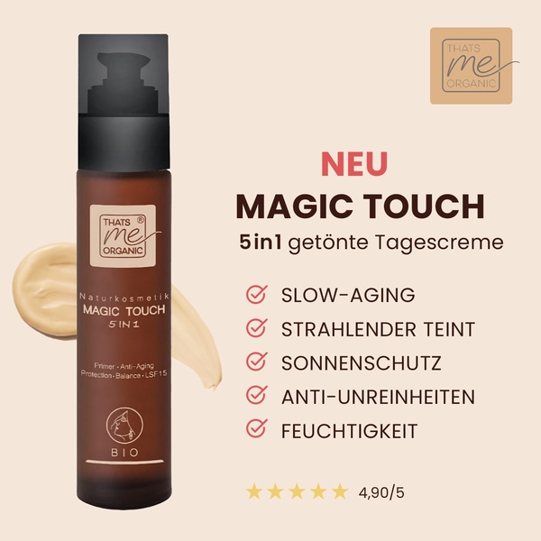 A clean 1-to-1 square ad featuring a 5-in-1 daily cream bottle alongside clear bulleted benefits and a product rating.