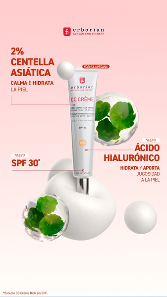 A clean, studio-lit vertical ad layout highlighting 2% Centella Asiatica, Hyaluronic Acid, and SPF 30 as core product benefits.