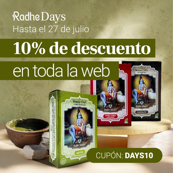 A promotional social media ad for organic henna hair dye featuring a clear discount code, expiration date, and product photography.