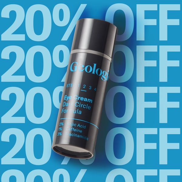 A 1:1 format product-focused ad that features the eye cream bottle centered against a bold, repeating '20% OFF' background.