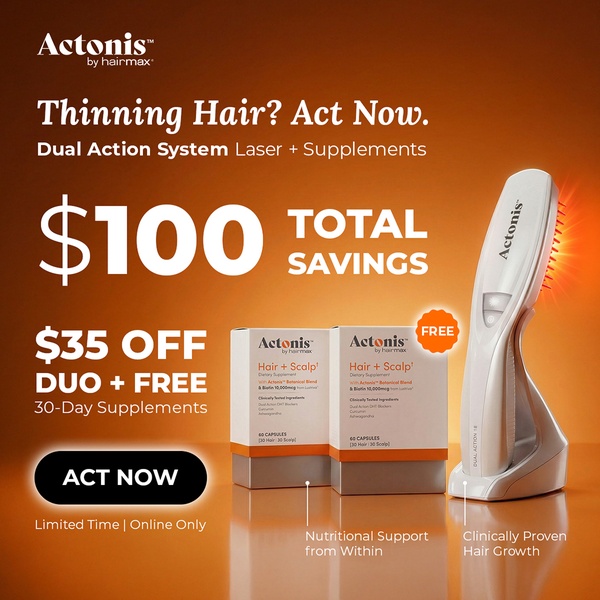 A 1:1 square promotional graphic showcasing a laser hair growth device alongside supplement bottles with a clear $100 savings incentive.