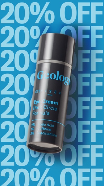 A high-contrast vertical ad creative featuring a 20% off discount overlay repeated over a studio shot of an eye cream bottle.