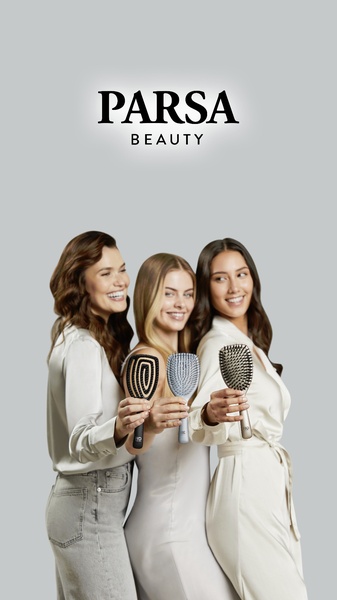 Three models holding different hair brush styles in a high-key studio setting to emphasize product variety and premium brand positioning.