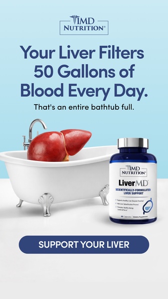 This creative uses a direct visual comparison between a human liver and a bathtub to illustrate the volume of blood filtered daily.