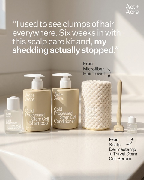 A clean, minimalist 4:5 social ad featuring a customer testimonial about hair shedding alongside a clear visual display of the product bundle and free add-ons.