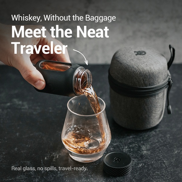A close-up demonstration of a portable whiskey flask pouring liquid into a glass, emphasizing travel-readiness and a spill-free experience.