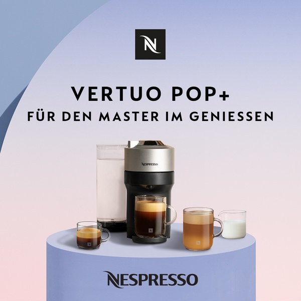 A high-quality studio shot of a coffee maker with its associated drinkware, positioned on a pedestal against a clean, two-tone pastel backdrop.