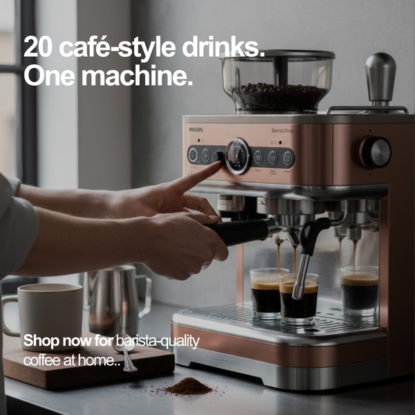 A close-up, high-contrast shot of a user operating a home espresso machine, highlighting the machine's versatility and professional results.