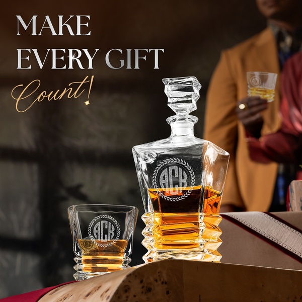A high-end visual showcase of an engraved decanter set placed on a wooden surface, emphasizing luxury, personalization, and sophisticated home decor.