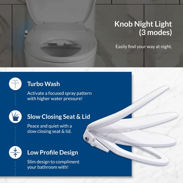 A clean, feature-focused creative highlighting three primary product benefits including a knob night light, turbo wash, and slow closing mechanism.