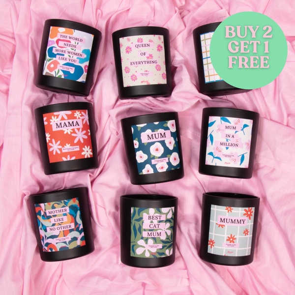 scented candle, soy candle, jar candle, home fragrance candle, decorative candle, gift candle, bundle offer, sale promotion, flat lay, lifestyle, playful, warm, pink, black, mother's day
