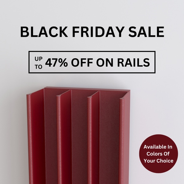 A clean, minimalist 1:1 sale graphic featuring a red shelving rail on a neutral background, highlighting a Black Friday discount.