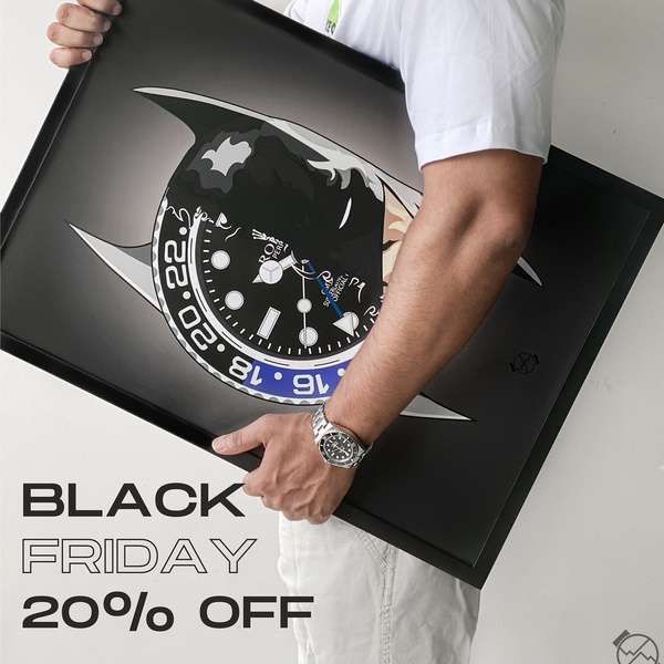 This creative features a high-end luxury watch illustration held by a person in a studio setting, incorporating a direct 20% off Black Friday sales offer.