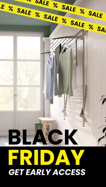 A 9:16 vertical social ad featuring a wall-mounted clothes drying rack with high-contrast yellow sale banners and clear offer text.