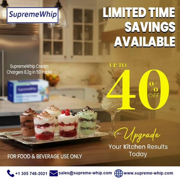 A 1:1 ratio promotional graphic highlighting a 40% discount on cream chargers, featuring professional food photography to drive urgency.