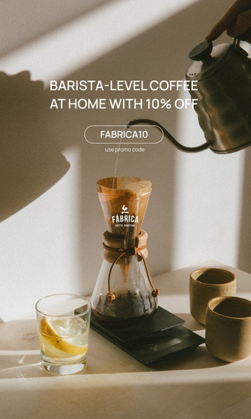Vertical top-down shot of a pour-over coffee brewing setup in soft natural light with a promo code in an outlined bubble overlay