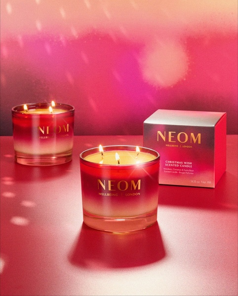 scented candle, luxury candle, holiday candle, wax candle, home fragrance, new arrival, gift guide, minimalist, editorial, warm, luxurious, red, pink, gold, christmas
