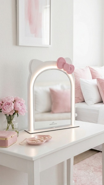 vanity mirror, lighted mirror, makeup mirror, tabletop mirror, led vanity mirror, bestseller push, minimalist, lifestyle, calm, fresh, neutral, pink
