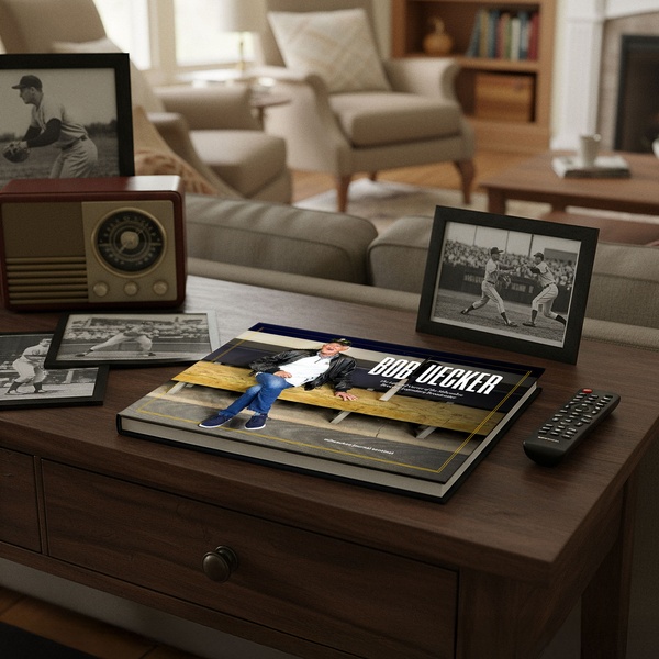 A high-end lifestyle shot of a coffee table book featuring Bob Uecker, displayed in a cozy, professional home office setting to evoke authority and nostalgia.