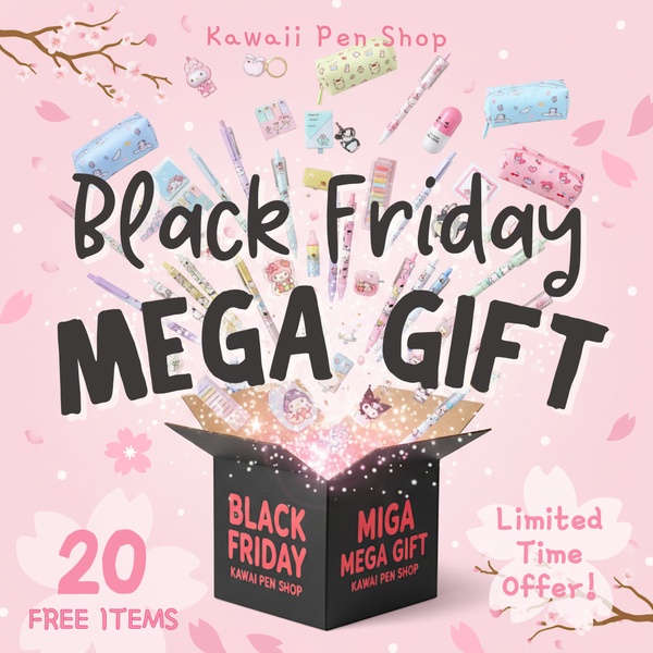 A festive promotional graphic featuring a box overflowing with kawaii stationery items and an offer for 20 free items during a Black Friday event.