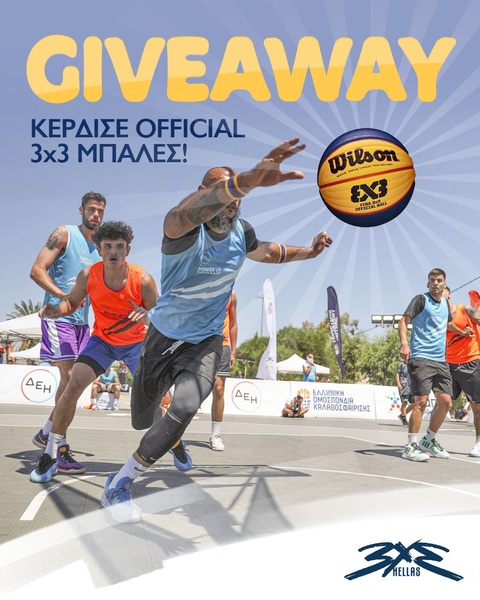 An action-oriented giveaway ad featuring an official FIBA 3x3 basketball as the focal point, designed to drive participation.