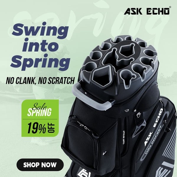 A seasonal promotion graphic featuring a golf cart bag with a clear value proposition and a bold call to action for the spring golf season.