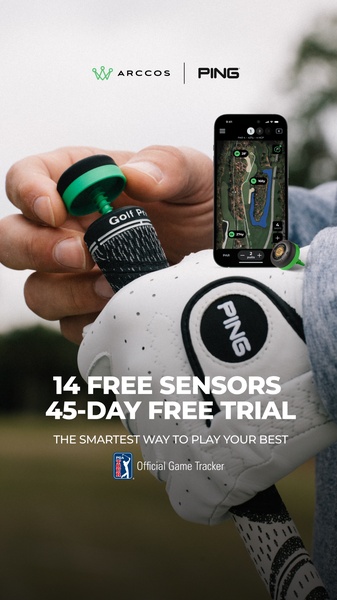 A close-up shot showing the installation of a golf sensor onto a club grip, accompanied by the product's mobile app interface.