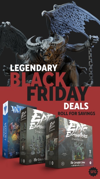 A high-impact, vertical format social ad featuring a menacing creature miniature above three boxed board games, utilizing a red and black color scheme to signal a seasonal sale.