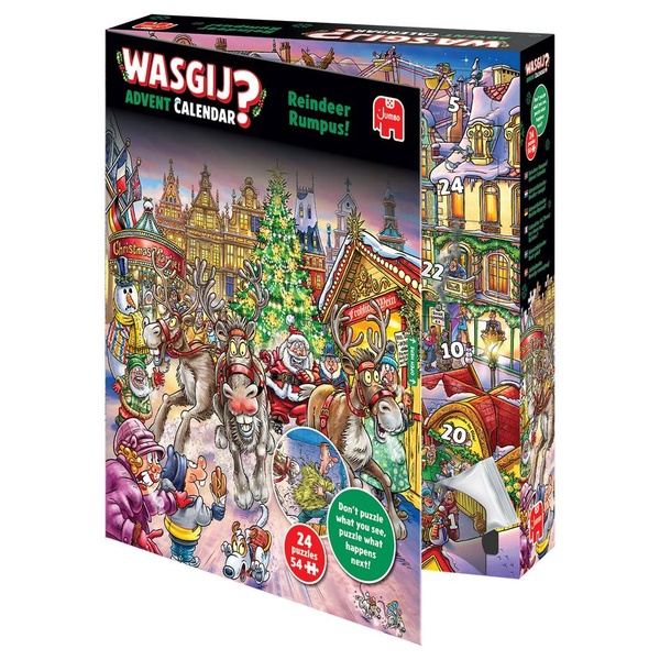 A 1:1 format product shot of a holiday-themed advent calendar puzzle that encourages customers to guess what happens next in the scene.
