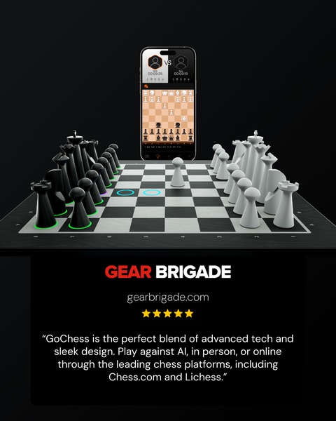 A high-quality 4:5 visual featuring an interactive smart chessboard paired with a mobile app interface to showcase seamless digital-to-physical gameplay.