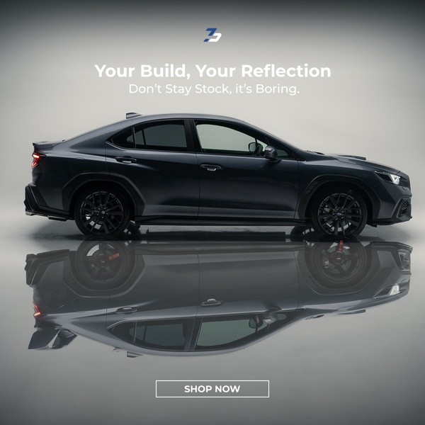 This high-end creative uses a clean, studio-lit side profile of a sedan paired with a symmetrical reflection to emphasize the car's custom look and aesthetic appeal.