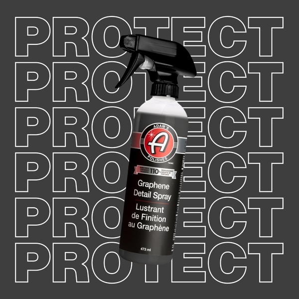 A high-contrast 1:1 image featuring a bottle of Graphene Detail Spray centered against a repetitive, bold typography background of the word PROTECT.