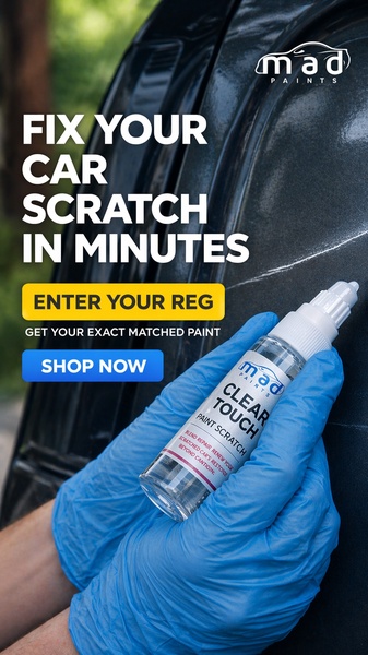 A close-up demonstration showing a gloved hand applying scratch repair fluid to a vehicle panel with clear text overlays.