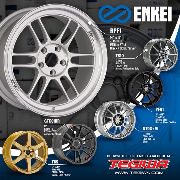 A high-contrast grid-style ad presenting various wheel models with technical specifications, model names, and color options in a clear, organized format.