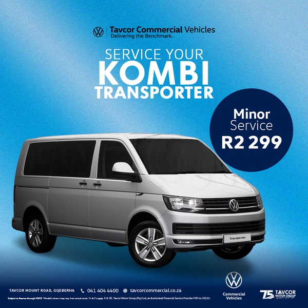 A clean, service-oriented graphic for a VW Transporter featuring a clear price point and bold branding for local maintenance.