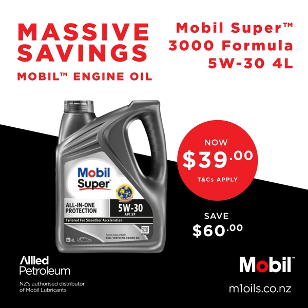 A direct-response social media graphic highlighting a significant price reduction for Mobil Super engine oil with a clear call to action.
