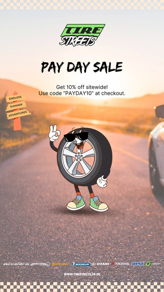 A cartoon tire character wearing sunglasses promotes a 10% off site-wide payday sale on a sunset road background.