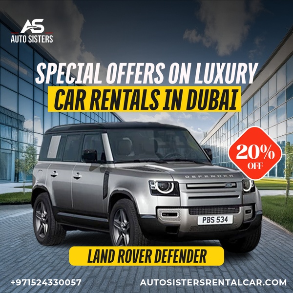 This static square creative features a high-end Land Rover Defender positioned in front of a modern glass building, emphasizing a 20% discount offer for potential renters in Dubai.