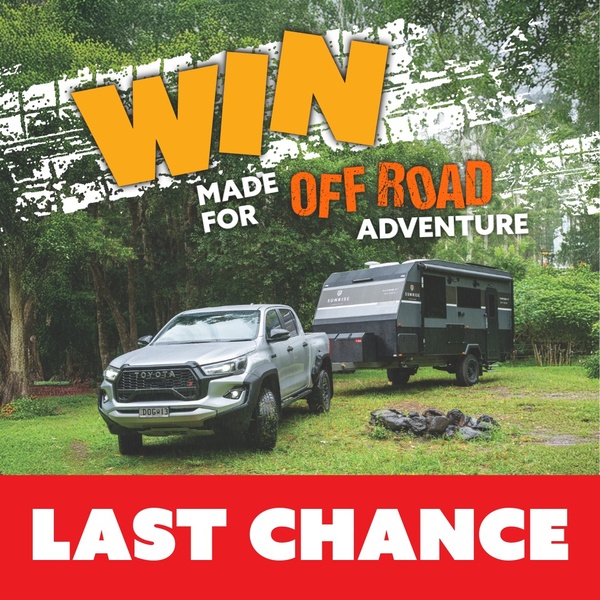 A high-impact 1_1 graphic featuring a truck and trailer in a forest setting, designed to drive entries for a major off-road giveaway.