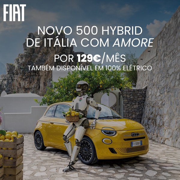A high-end, lifestyle-focused ad for a hybrid car featuring a robot companion in an Italian courtyard, emphasizing emotional brand connection and price.