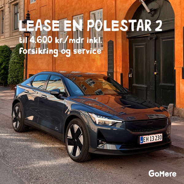 A clean, high-contrast ad featuring a Polestar 2 parked in front of a textured orange building, highlighting lease pricing including service and insurance.