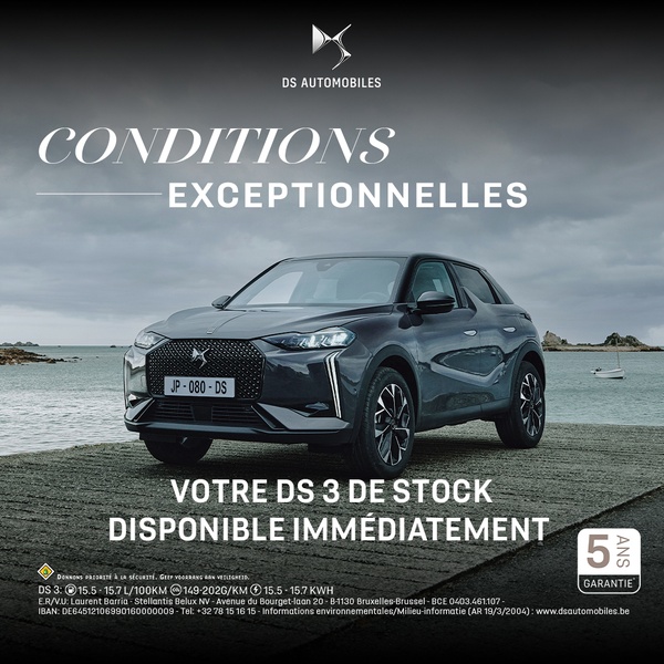 A dark, atmospheric photograph of a DS 3 vehicle parked on a coastal jetty, paired with bold text highlighting exceptional conditions and immediate stock availability.