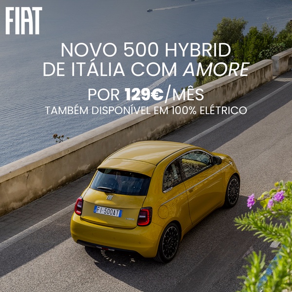 This creative showcases a yellow hybrid hatchback driving on an Italian coastal road, highlighting the accessible monthly price and the availability of a fully electric version.