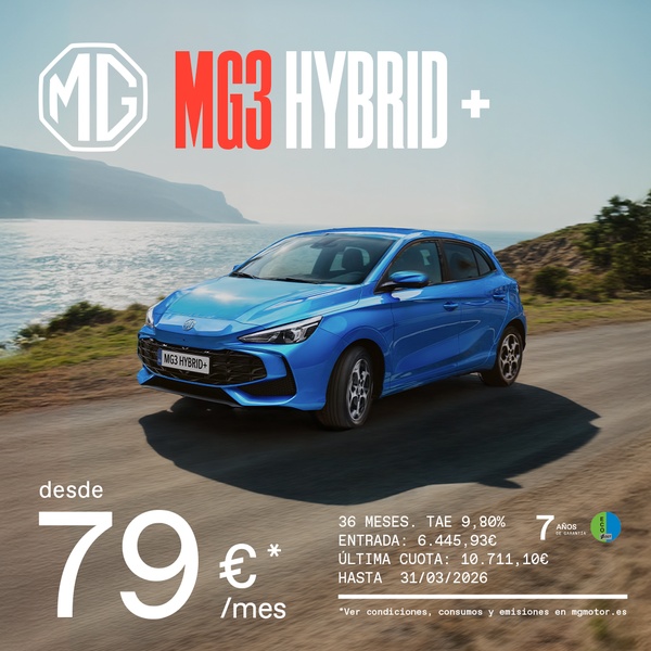 A clean, outdoor hero shot of a blue hybrid vehicle featuring a bold 'from 79€/month' price anchor and essential financing terms.