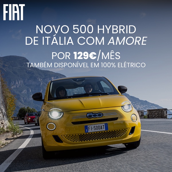 A clean, high-contrast ad featuring a yellow hatchback driving on a scenic road with a clear monthly payment offer for a new hybrid vehicle.