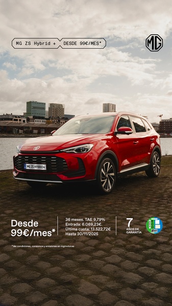 A vertical ad creative featuring a red hybrid SUV parked near a waterfront with bold pricing and financing terms overlay.