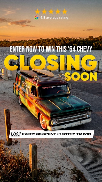 A high-conversion sweepstakes ad featuring a '64 Chevy parked at a scenic sunset location with a clear call to action.