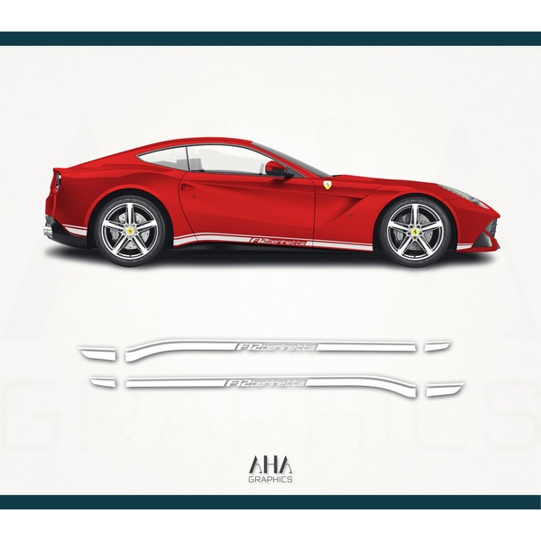 A clean, high-contrast product visualization displaying a red sports car featuring a white graphic decal. The ad highlights the precision and fit of the automotive accessory.