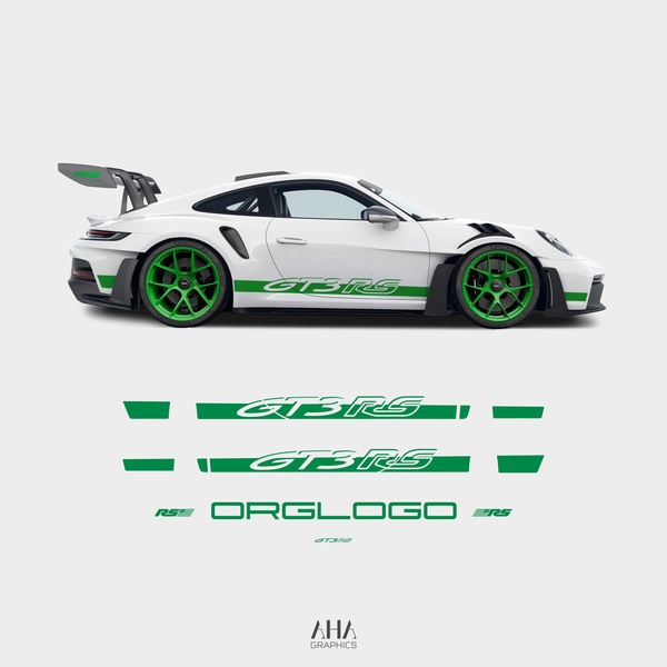 A clean, side-profile view of a white luxury sports car featuring vibrant green branding decals and matching wheel accents.